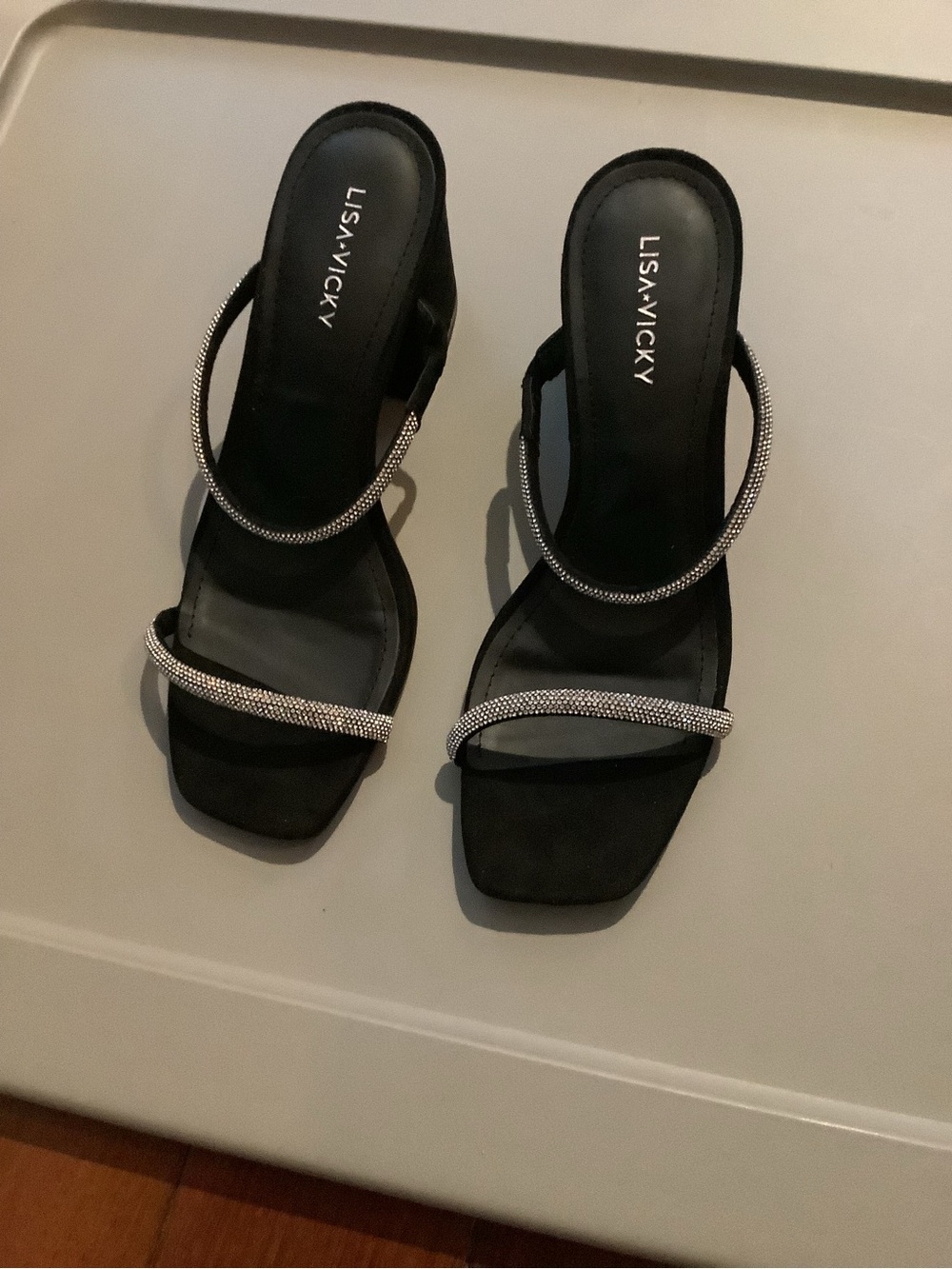 Lisa-Vicky Black Rhinestone Double-Strap Heels Size 7 New in